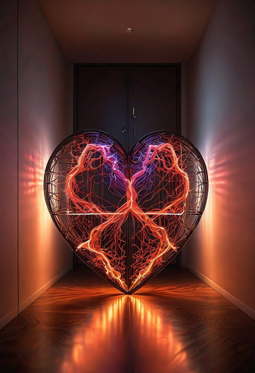 A digital heart formed by interconnected computer servers, glowing warmly in a dimly lit room, symbolizing the connection of adult intimacy through the internet. Include a subtle, abstract representation of two people holding hands within the heart. Super-realistic. Vibrant colors with a focus on warm tones. Soft, gentle lighting.