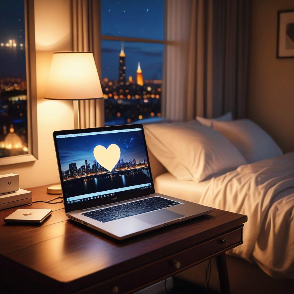 A sleek laptop open on a bedside table with dim ambient lighting, displaying a heart icon on the screen. Background shows a cozy room, subtle reflections in the window hinting at a cityscape. The scene conveys both intimacy and technology’s role in modern relationships. super-realistic. warm tones. nighttime ambiance.