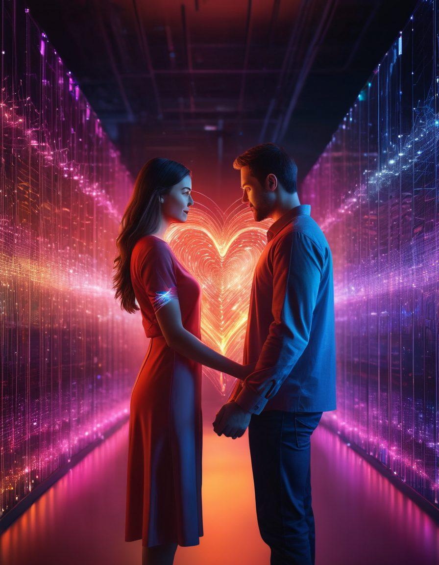 A couple virtually connected through a glowing digital thread, with a backdrop of interconnected servers and data streams symbolizing an online world. The couple's expressions show warmth and closeness despite the virtual setting. Include subtle heart-shaped icons and vibrant colors reflecting modern love and technology. super-realistic. vibrant colors. digital art.